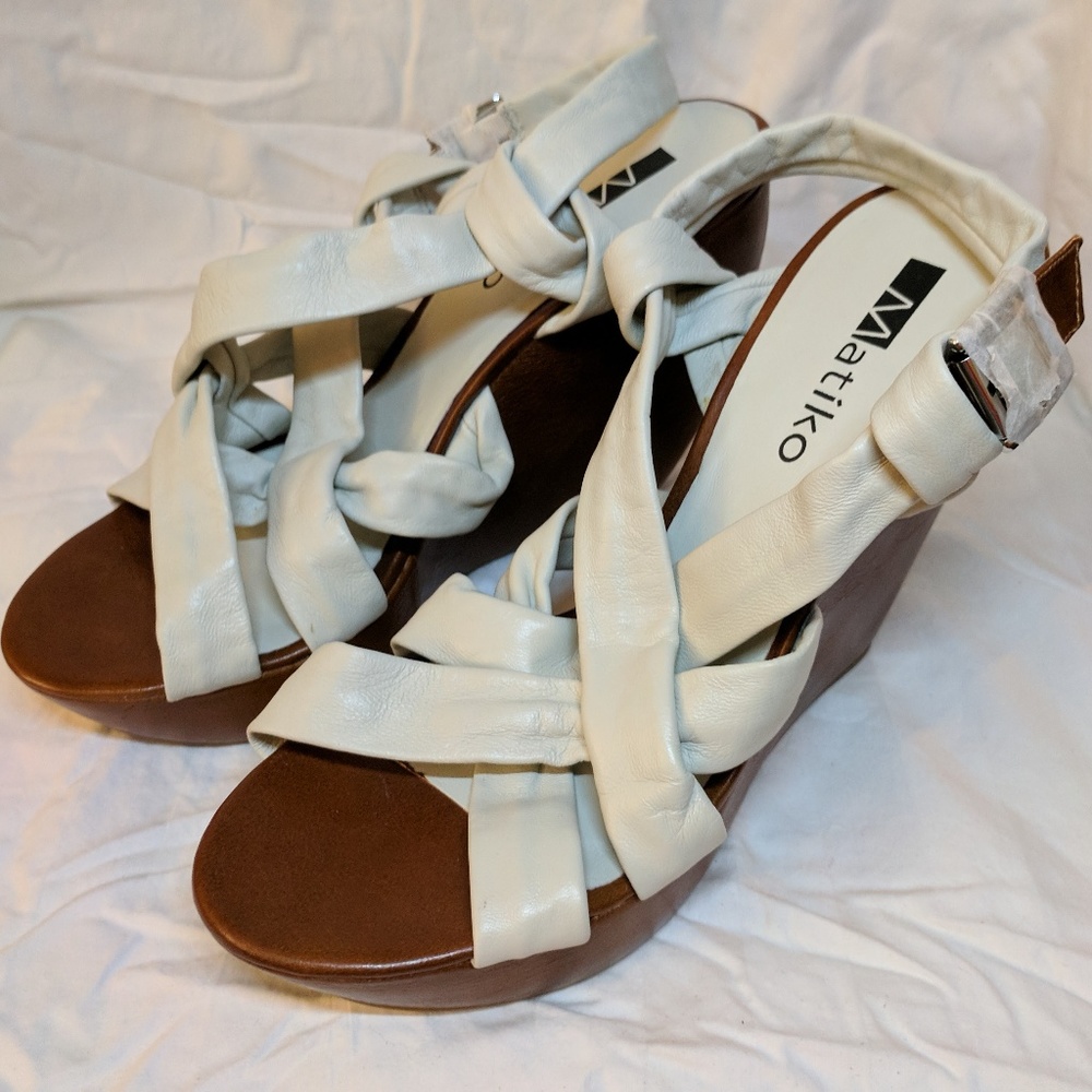 Matiko White Leather Strappy Wedges